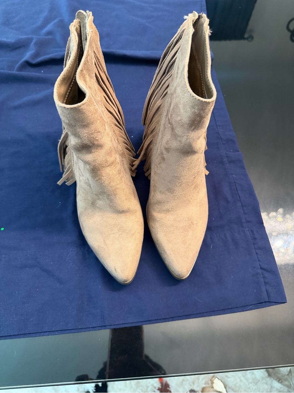 Candie's Taupe Fringe Pointed-Toe Ankle Booties